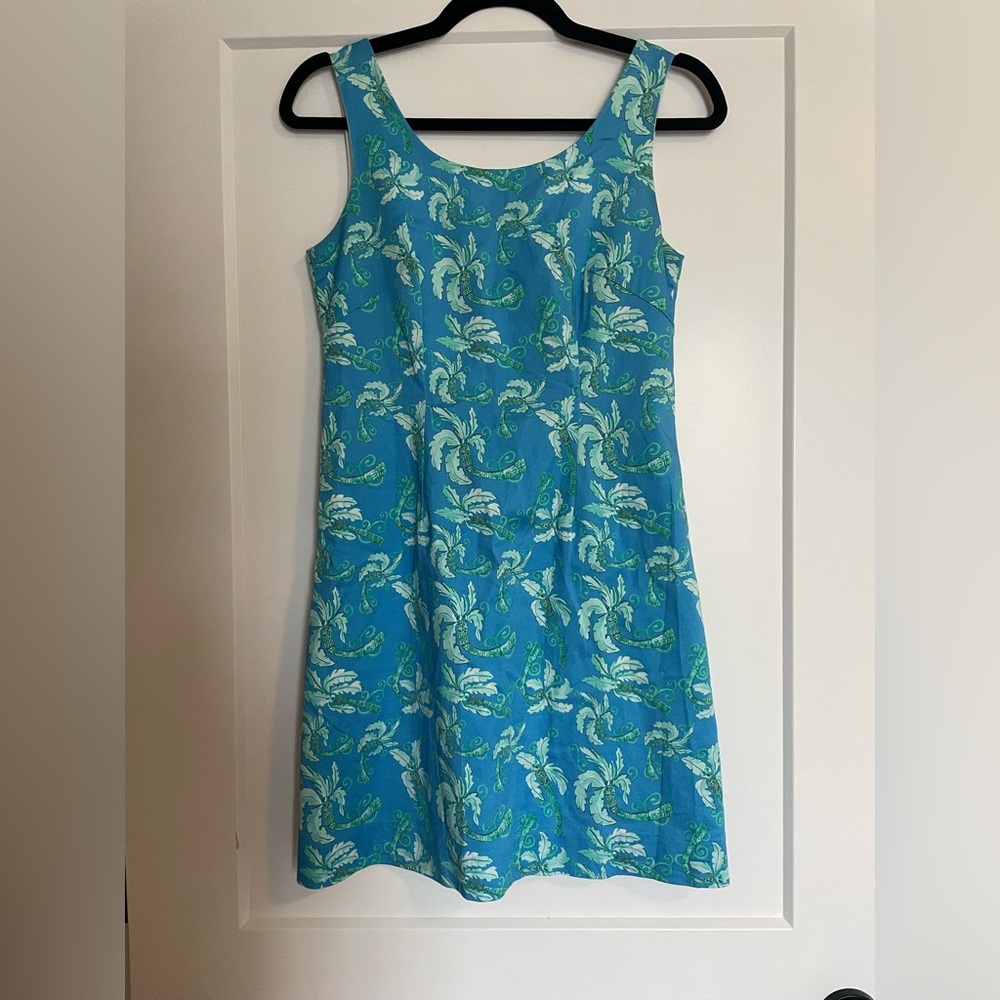 Vintage Kaeli Smith Blue & Green Palm Tree Patterned Mini Dress Sz 4